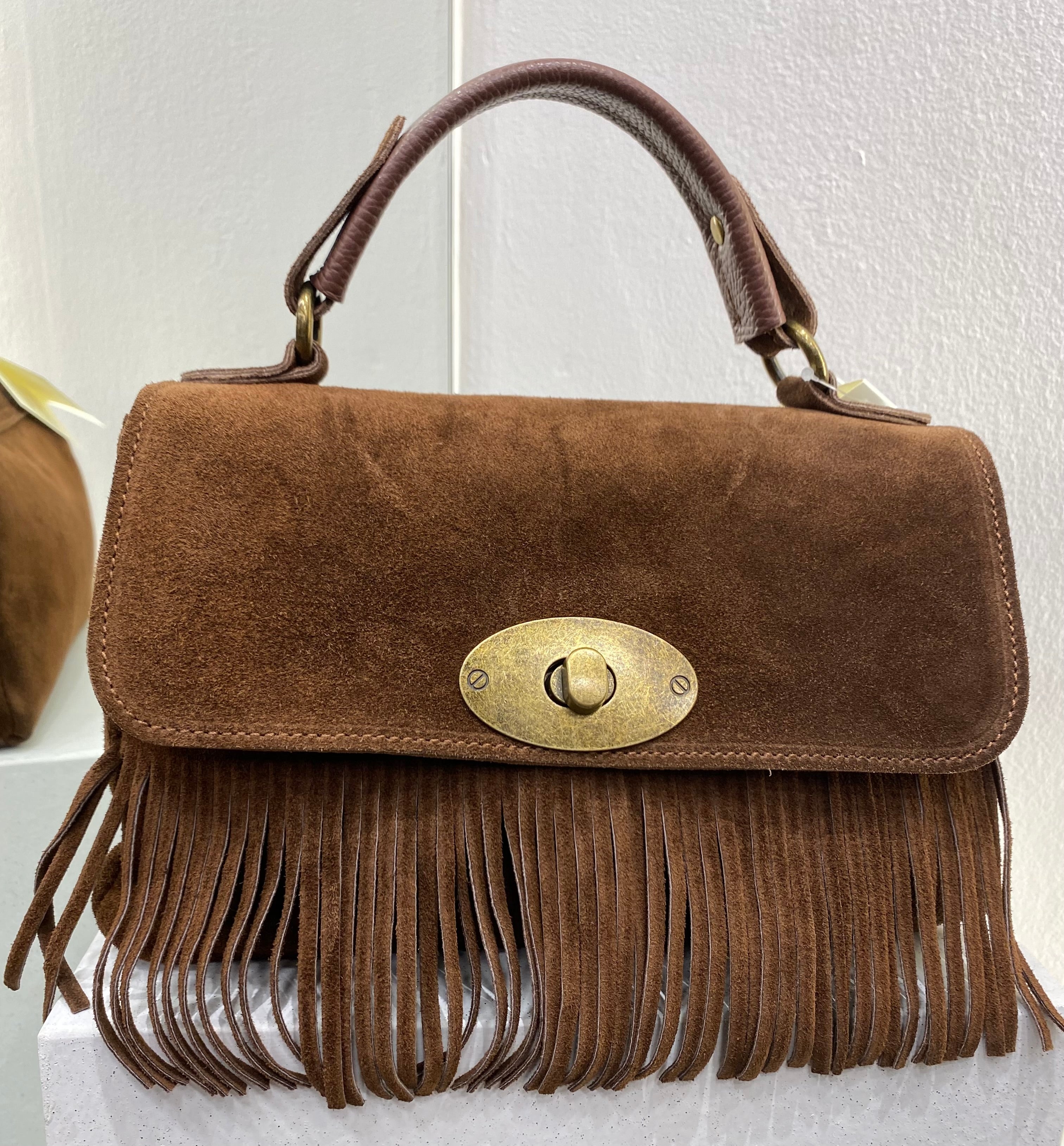 ERREBI - BORSA CAMOSCIO E FRANGE COLORI CIOCCOLATO E CUOIO