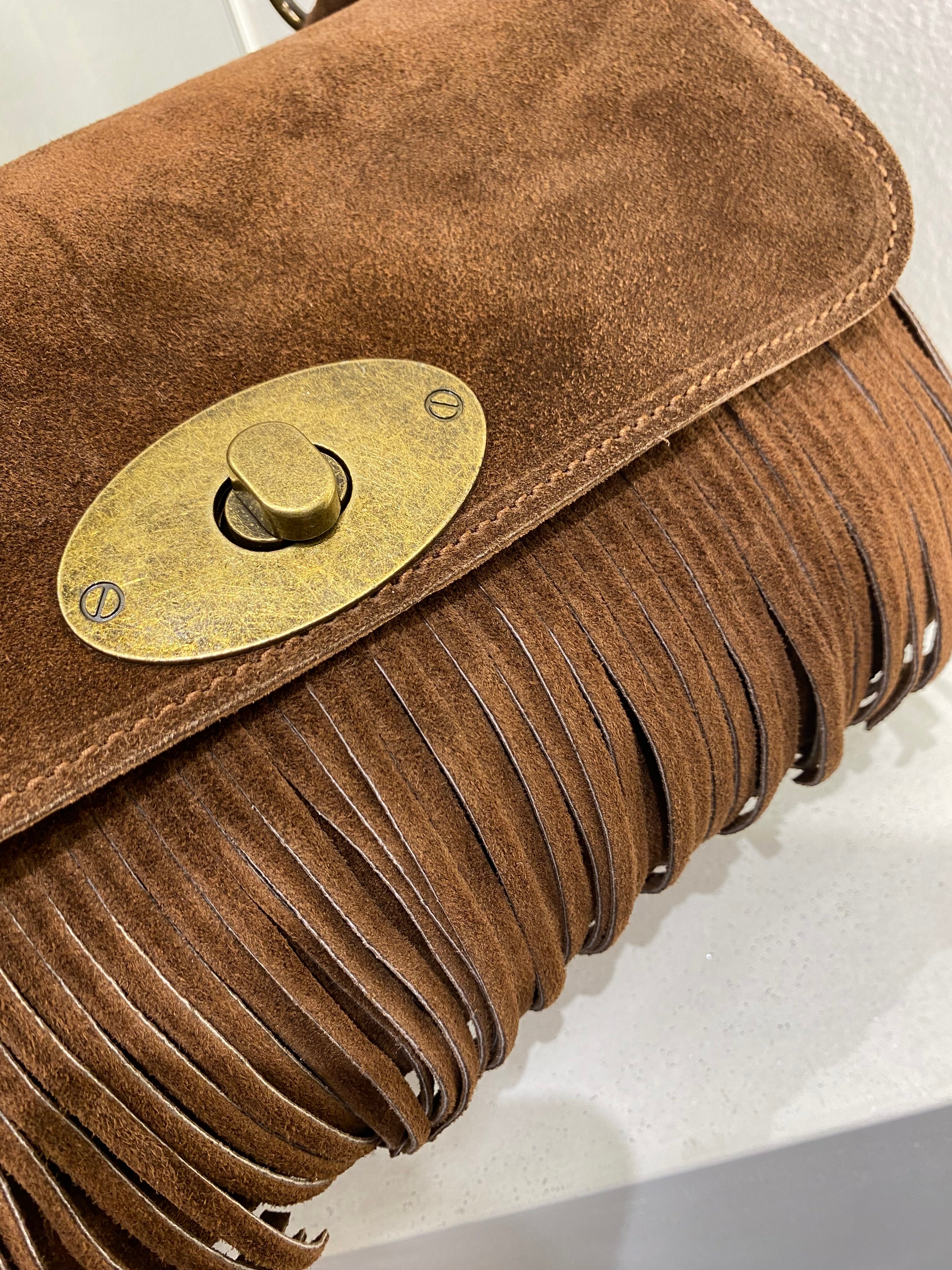 ERREBI - BORSA CAMOSCIO E FRANGE COLORI CIOCCOLATO E CUOIO