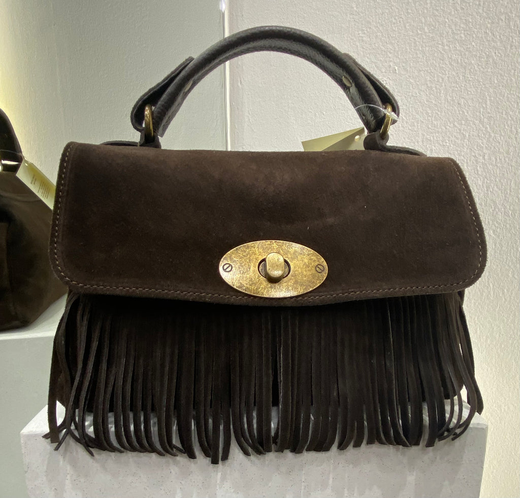 ERREBI - BORSA CAMOSCIO E FRANGE COLORI CIOCCOLATO E CUOIO