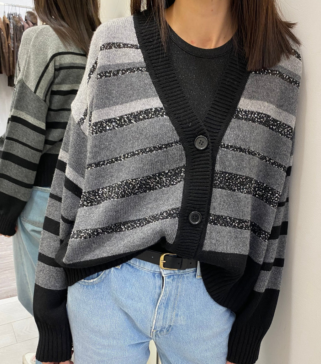 ANGELA DEVIS CARDIGAN NERO/GRIGIO CON PAILETTES