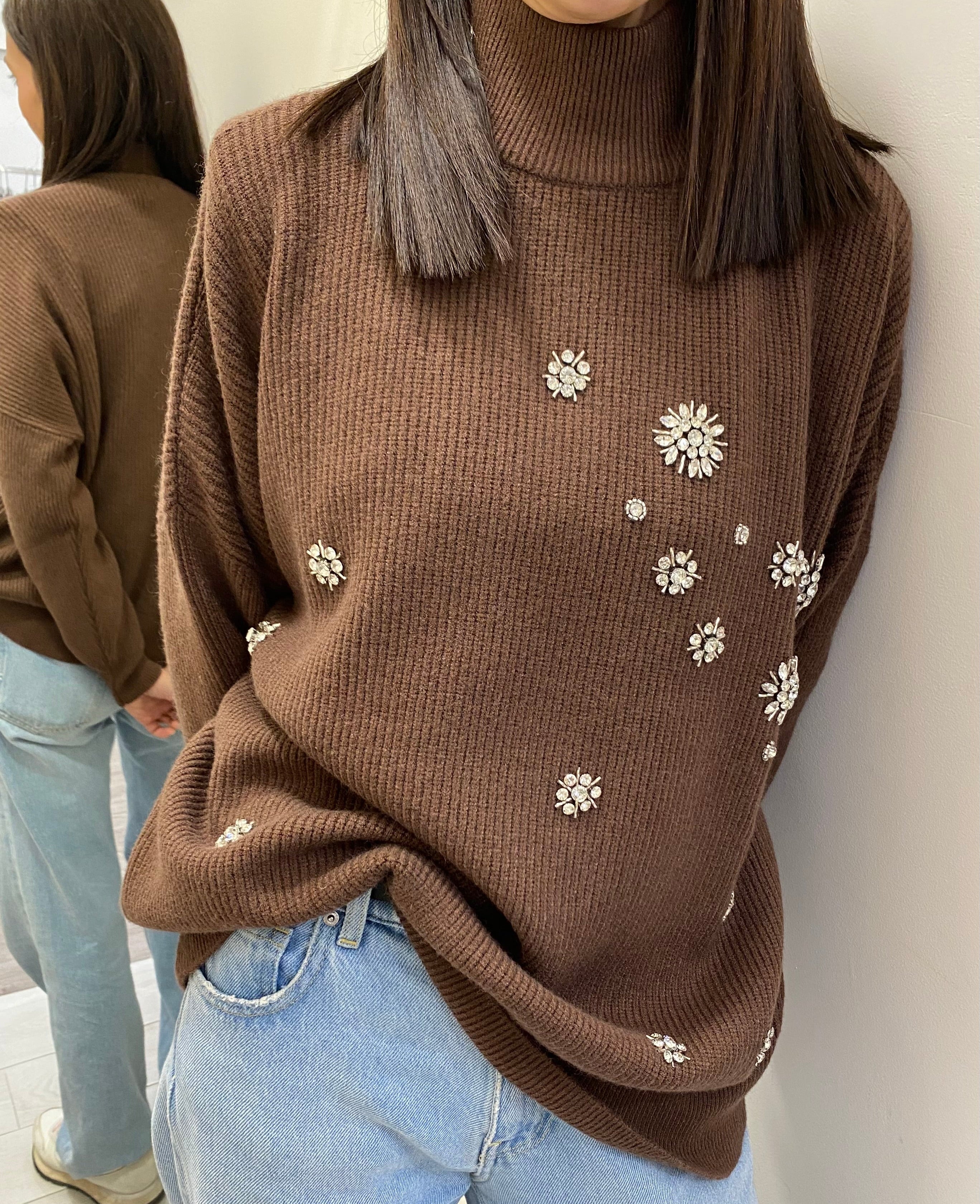 HAVEONE - MAGLIA LUPETTO MARRONE CON APPLICAZIONI