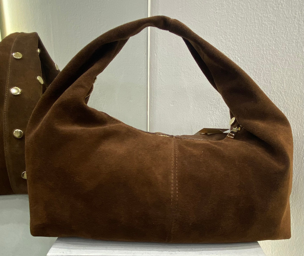 ERREBI - BORSA PELLE SCAMOSCIATA CON BORCHIE COLORI CUOIO E CIOCCOLATO