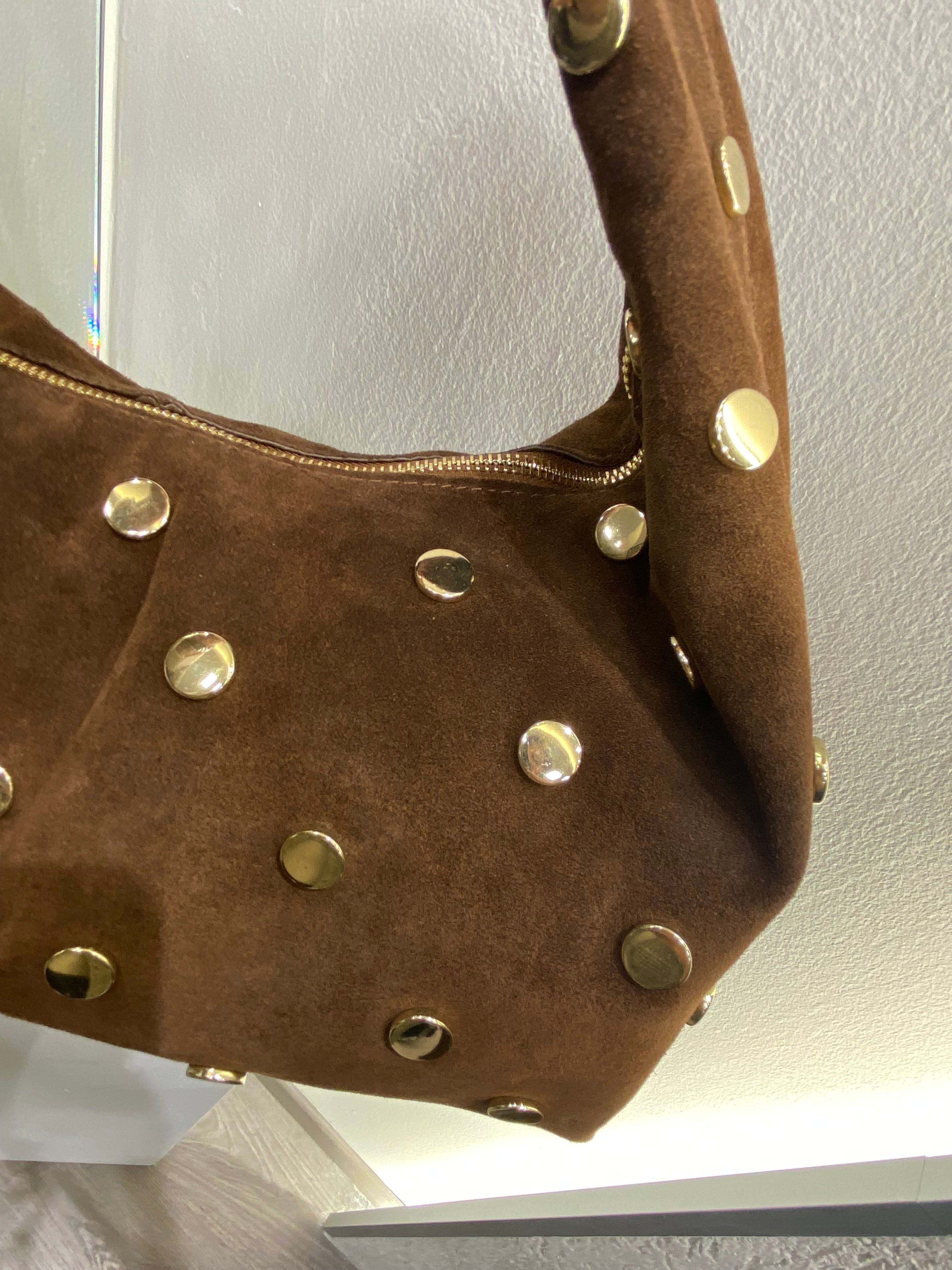 ERREBI - BORSA PELLE SCAMOSCIATA CON BORCHIE COLORI CUOIO E CIOCCOLATO