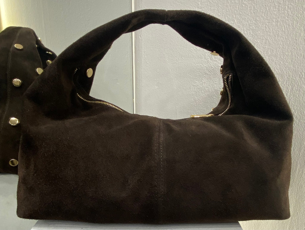 ERREBI - BORSA PELLE SCAMOSCIATA CON BORCHIE COLORI CUOIO E CIOCCOLATO