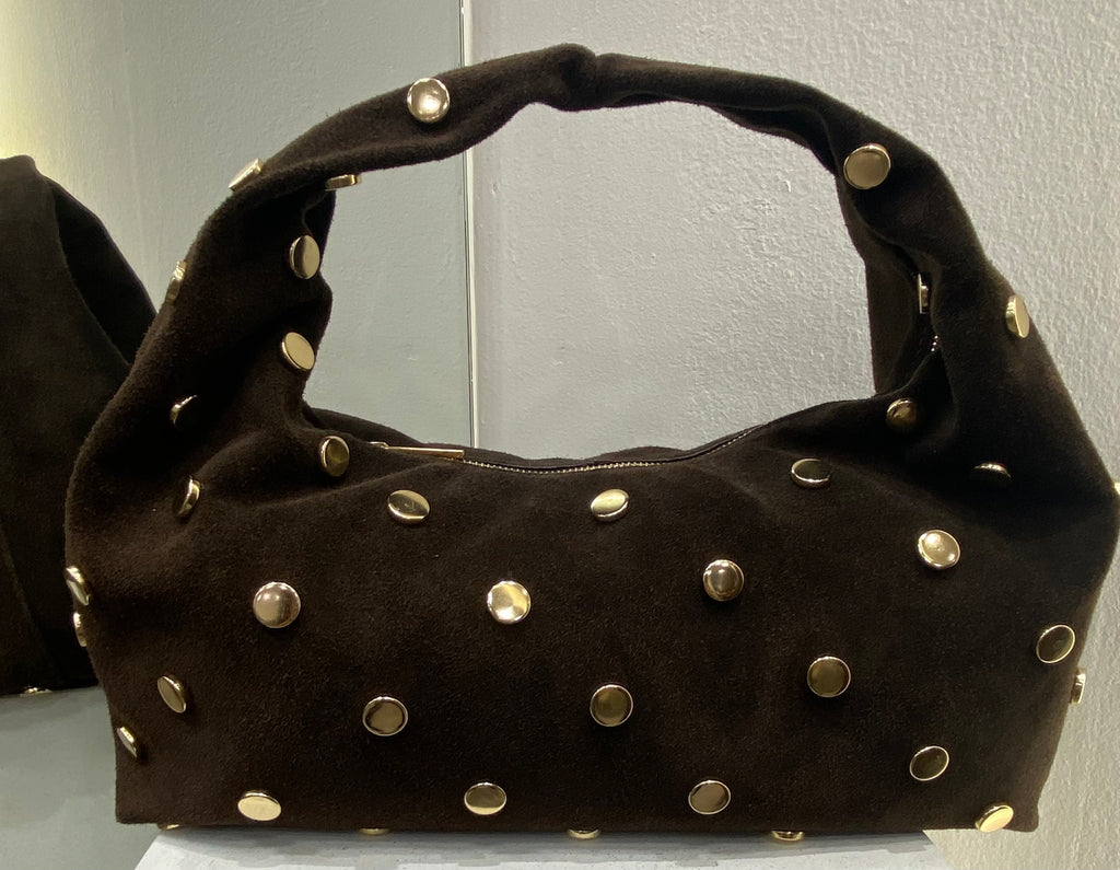 ERREBI - BORSA PELLE SCAMOSCIATA CON BORCHIE COLORI CUOIO E CIOCCOLATO