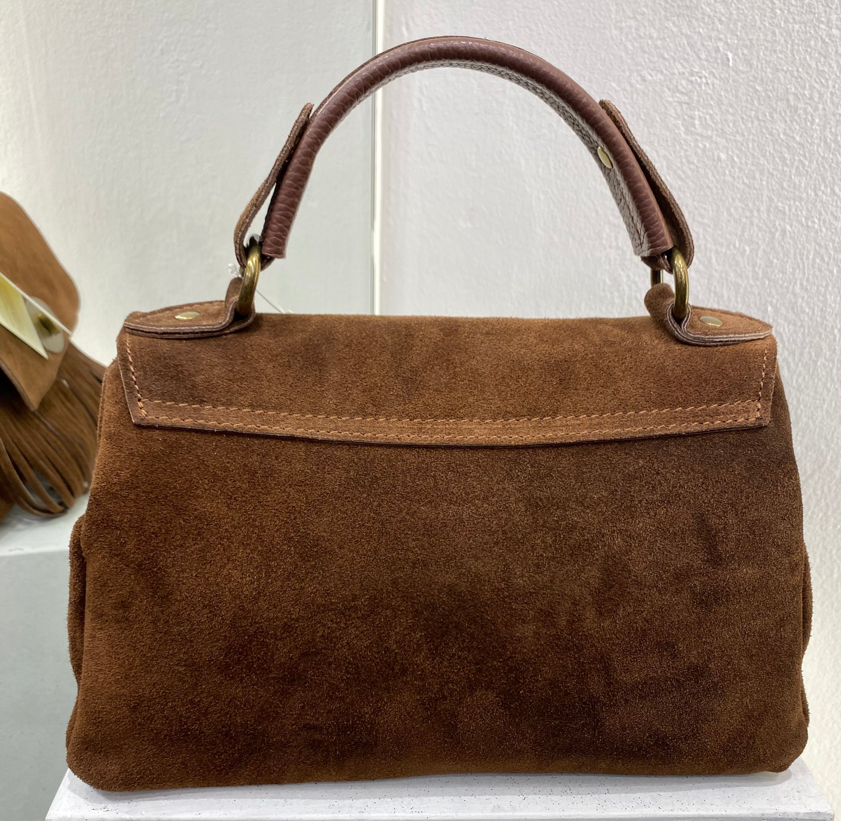 ERREBI - BORSA CAMOSCIO E FRANGE COLORI CIOCCOLATO E CUOIO