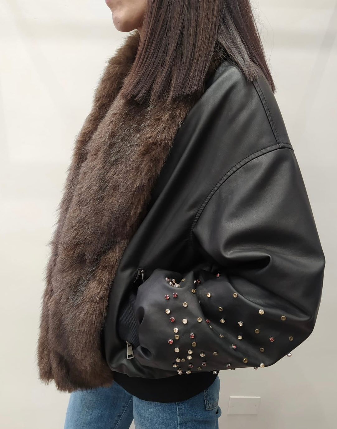 SOUVENIR - BOMBER PELLE CON ECOPELLICCIA E SWAROVSKI