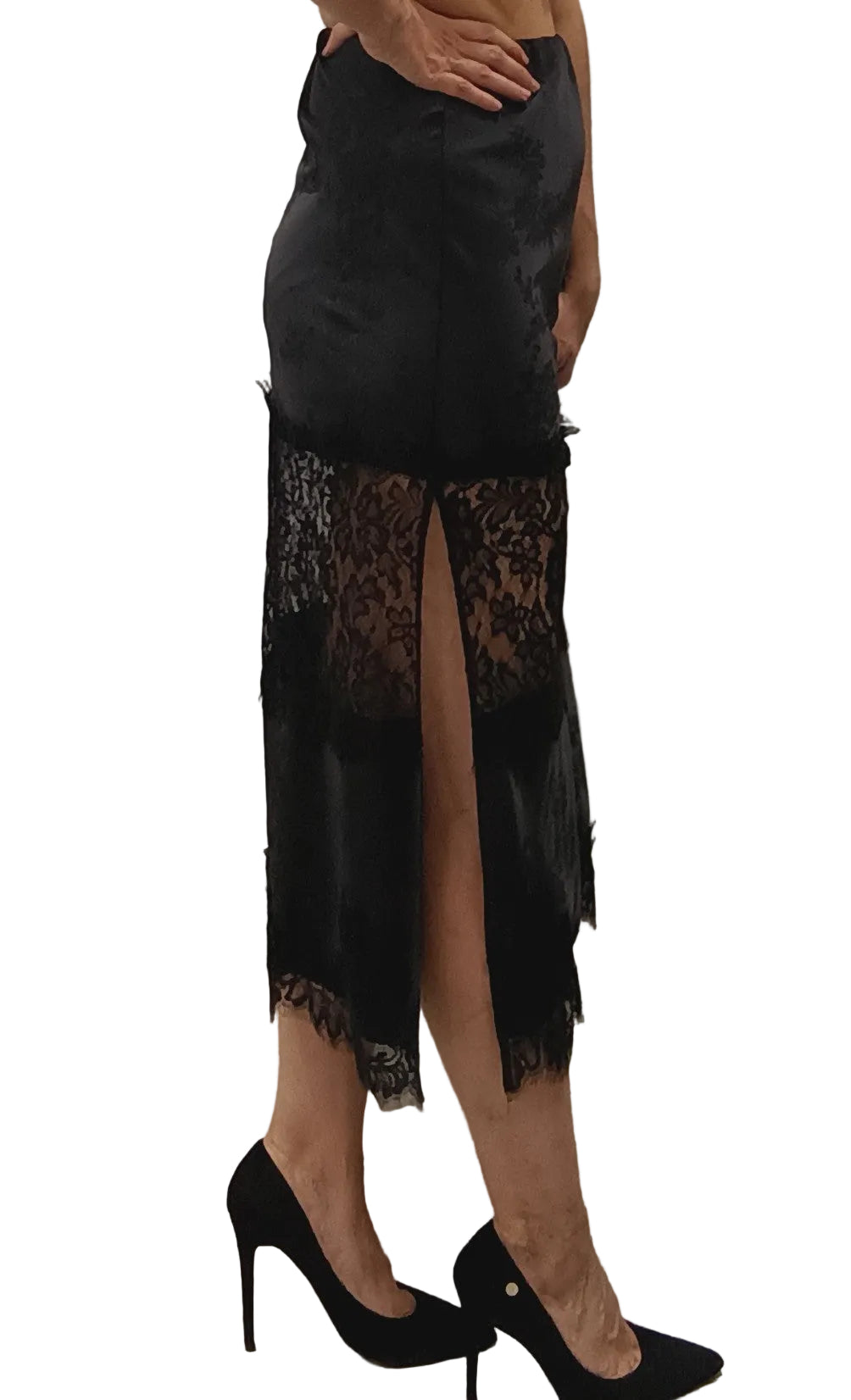 VICOLO-GONNA MIDI IN RASO  IN FANTASIA CON INSERTI IN PIZZO
